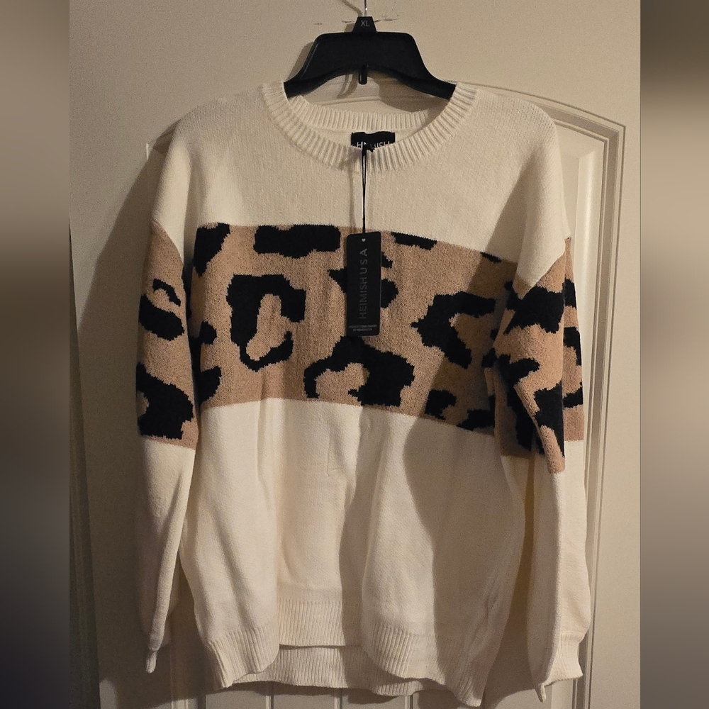 HEIMISH USA White and Tan Leopard Print Sweater